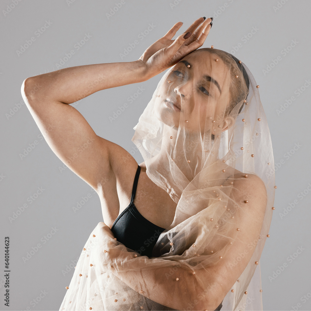 Veil, woman and beauty with ballet dancer and modern fashion with pearls and mesh. Cosmetics, grey b