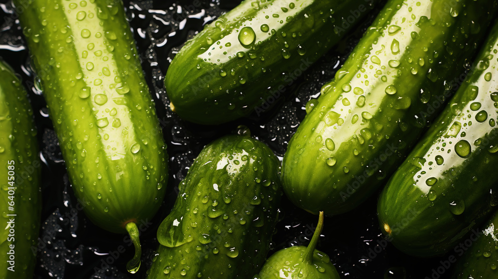 Fresh green cucumber slices with water drops background. Vegetables backdrop. Generative AI