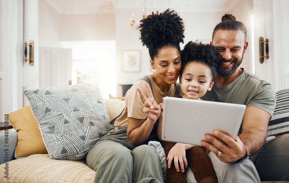 Selfie, family and parents with a tablet, boy and connection with games, cartoon and streaming movie