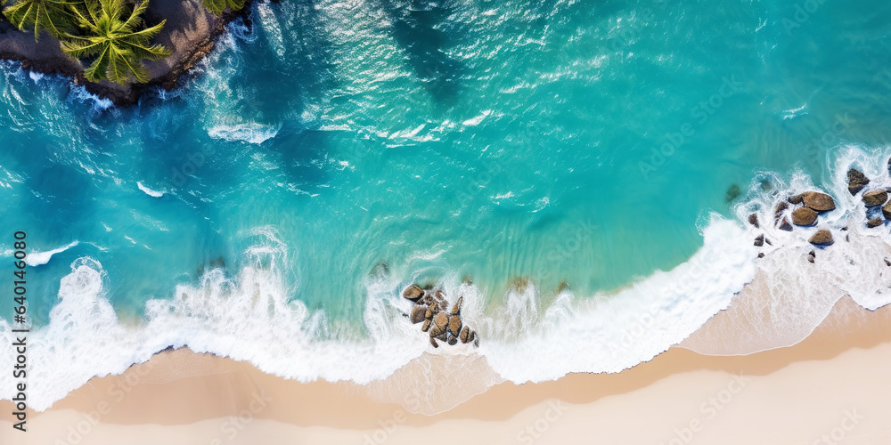 Aerial top view on sand ocean beach with palm trees. Summer vacation paradise concept. Generative AI