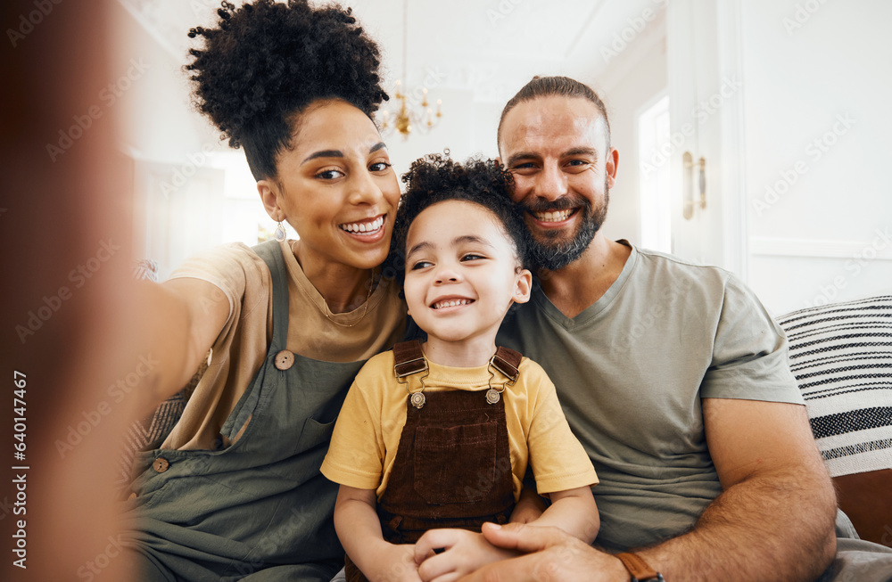 Interracial parents, child and selfie on couch, smile and hug for love, bonding and memory on web bl