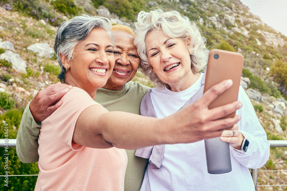 Nature, fitness or selfie of senior friends on social media together for outdoor exercise in retirem