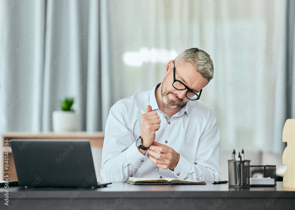 Businessman, check and fixing watch in office for corporate time management, clock or schedule in fi