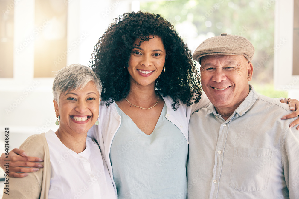 Family, senior and portrait of woman with parents happy in a home together for bonding on vacation o