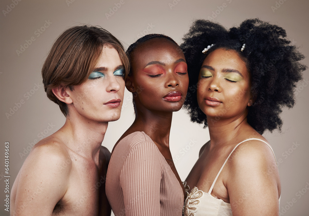 Diversity, beauty and skincare, makeup and people, dermatology and inclusion isolated on studio back