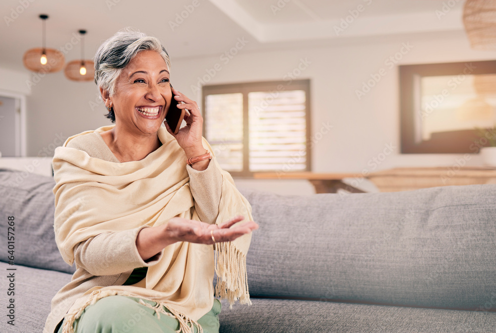 Phone call, happy senior woman and living room with conversation and communication in a home. Retire