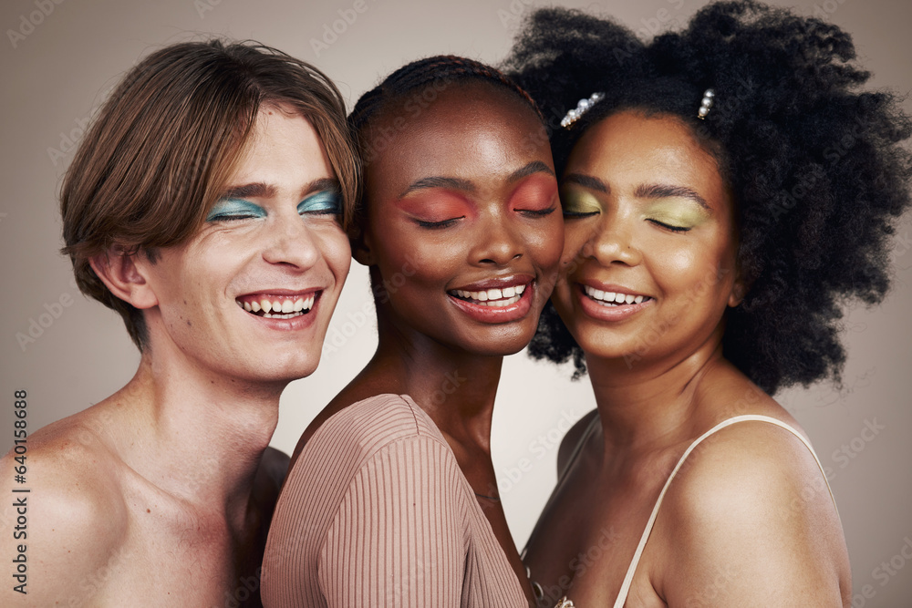 Diversity, beauty and skin, people with smile and dermatology with inclusion isolated on studio back