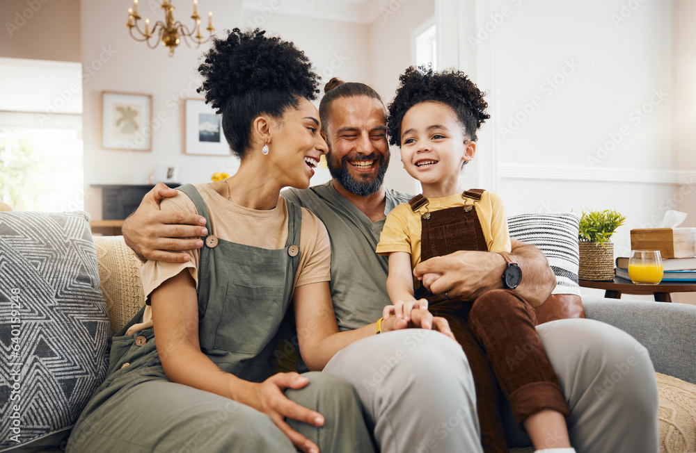 Smile, relax and an interracial family on the sofa for conversation, love and bonding. Happy, house 