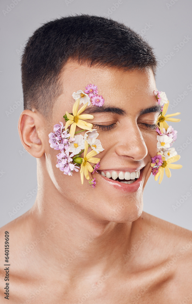 Cosmetics, man and eyes closed, flower pattern on face and skincare in studio for aesthetic, decorat