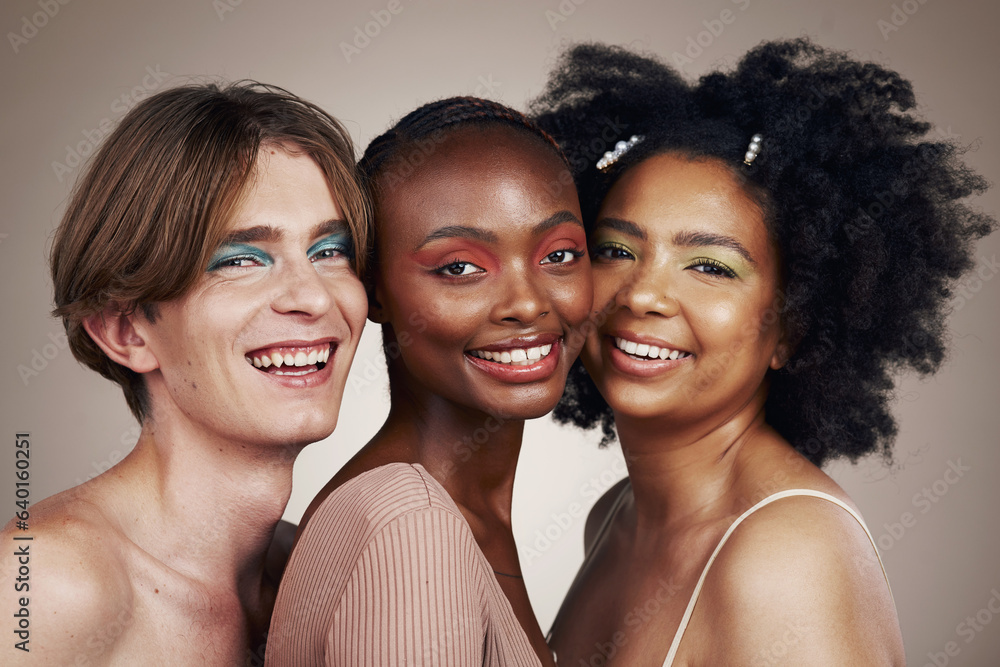 Portrait, diversity and people with makeup, smile and dermatology isolated on studio background. Fac