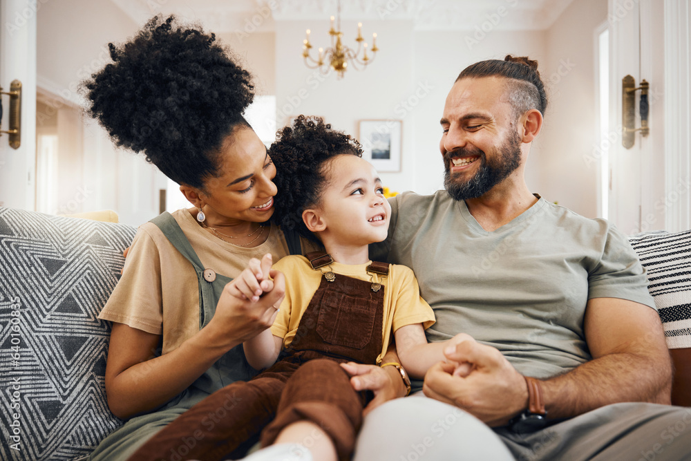 Smile, bonding and interracial family on the sofa for conversation, love and talking. Happy, house a