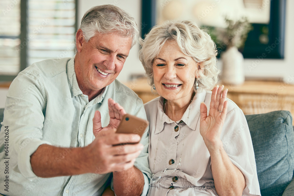 Video call, hello and smile with old couple and phone on sofa for streaming, social media and commun