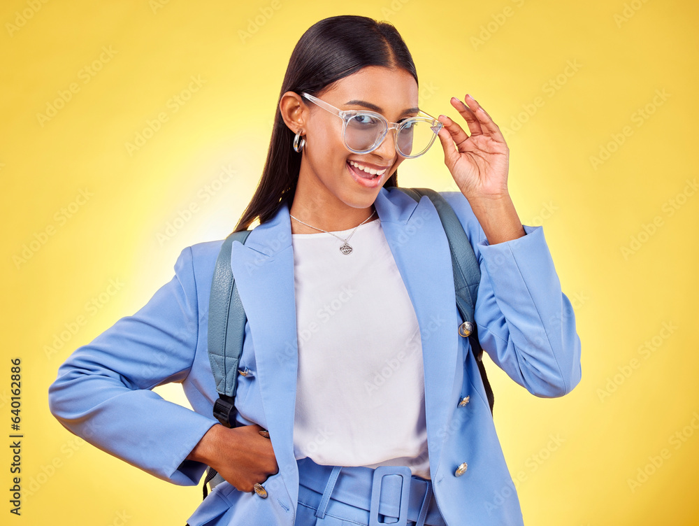 Fashion, student or portrait of woman in sunglasses on yellow background with trendy clothes or smil