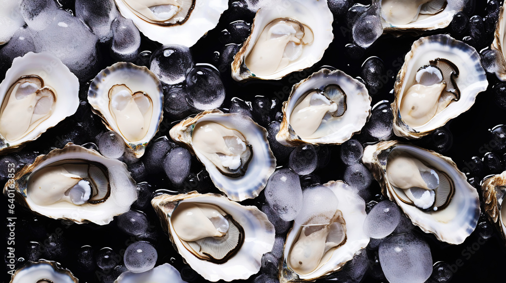 Top view on fresh oysters laying on crushed ice. Seafood background. Generative AI