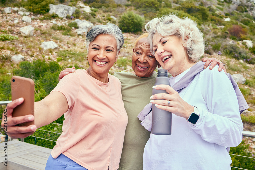 Senior friends, fitness or selfie of women on social media together for outdoor exercise in retireme