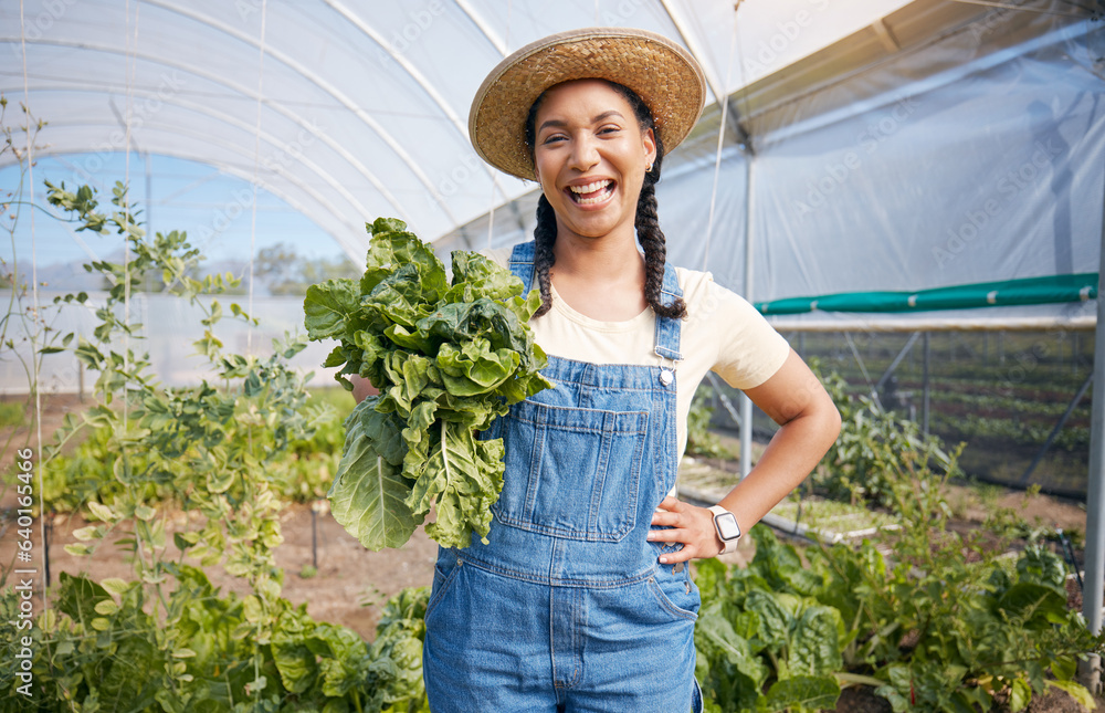 Farming, agriculture and woman with vegetables in a greenhouse for health and sustainability. Portra