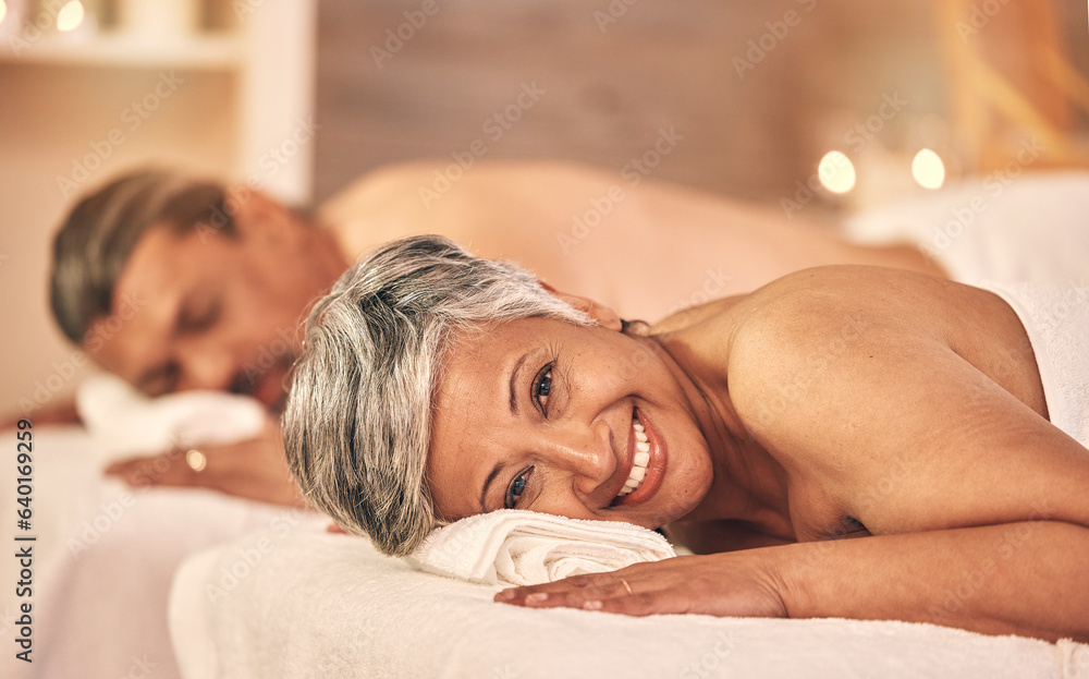 Couple, massage and portrait of woman in spa to relax on holiday, vacation and anniversary celebrati