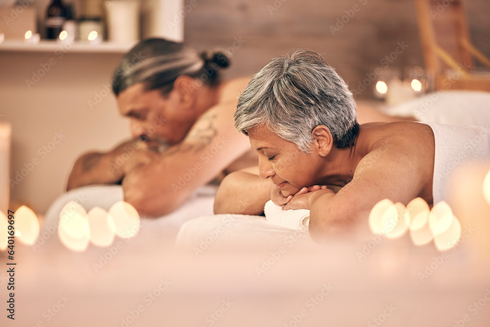 Relax, massage and couple on bed in spa for holiday, vacation and anniversary celebration. Love, lux