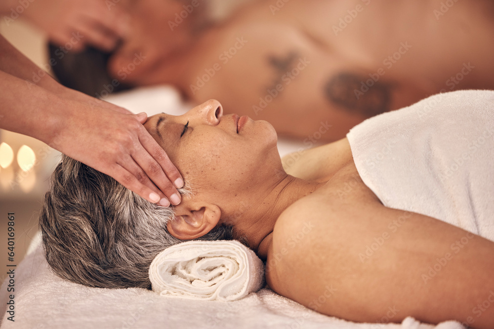 Relax, massage and head of old woman in spa for vacation, luxury and beauty salon. Peace, wellness a