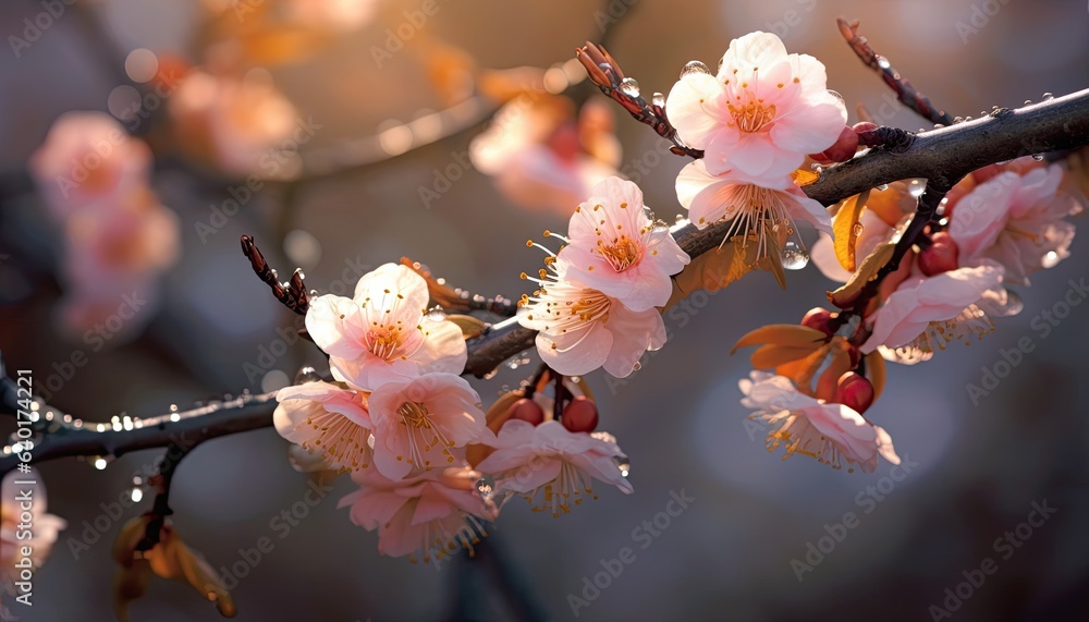 Blossom peach branch with drops of water on a blurred background.