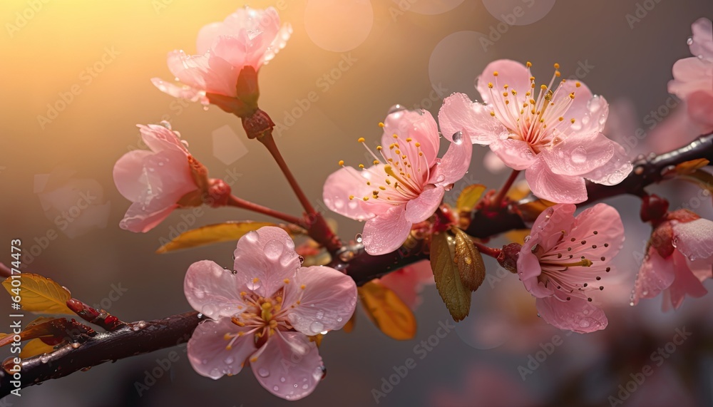 Blossom peach branch with drops of water on a blurred background.