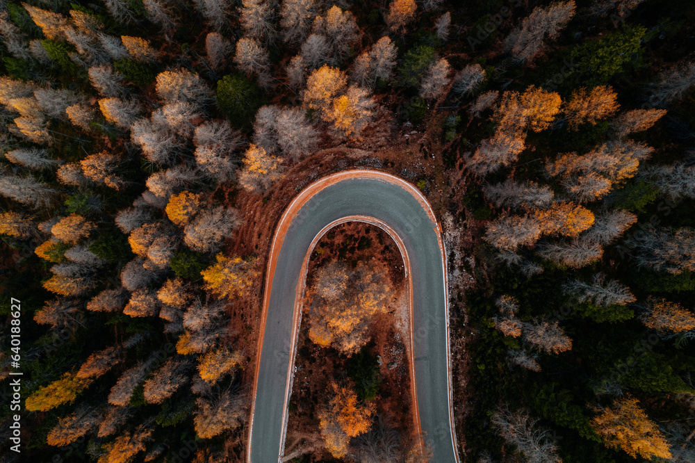 Aerial Autumn Photo Auronzo road to Tre Cime, Cortina d Ampezzo Dolomites Italy