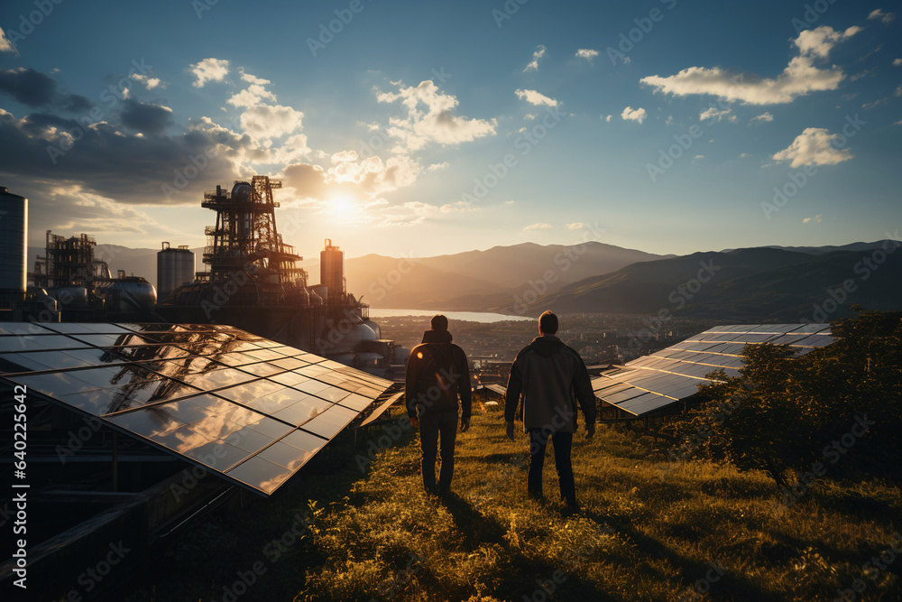 Two engineers checking solar panels in beautiful hill with panoramic view - Generative AI