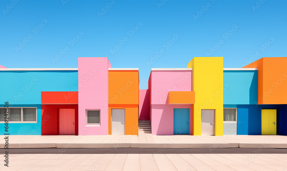 Colored buildings. Abstract modern architecture, minimalistic style, horizontal composition