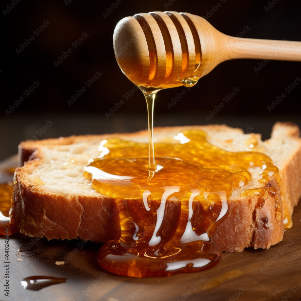 Pouring fresh honey on bread slices