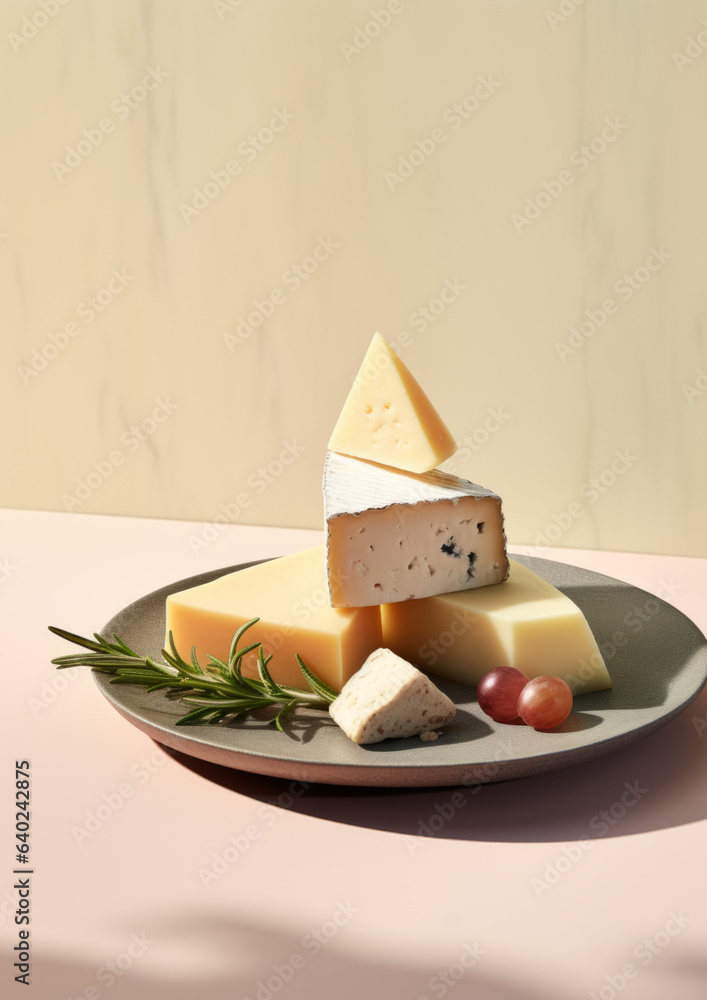 Assortment of cheese with fruits and nuts close up