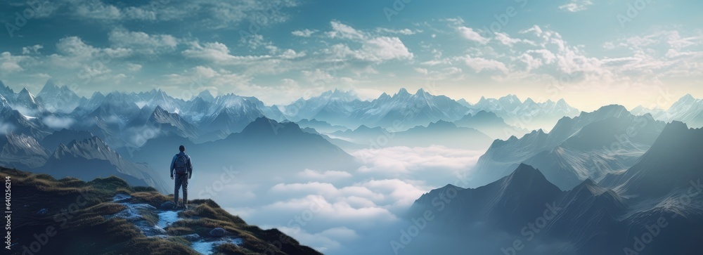 man standing on top of a mountain among mountains