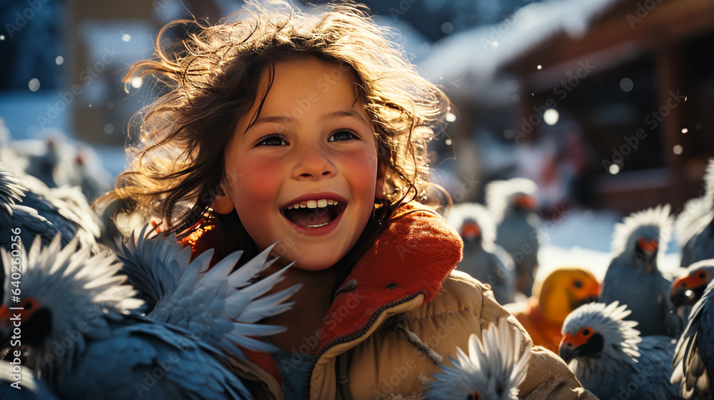 Surreal scene of a joyful child smiling, mesmerized by vibrant parrots perched on icy glaciers. Perf