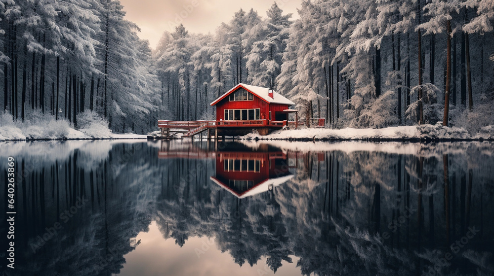 Cozy Isolation: Reflective Serenity of a Little Red Cabin in the Winter Forest