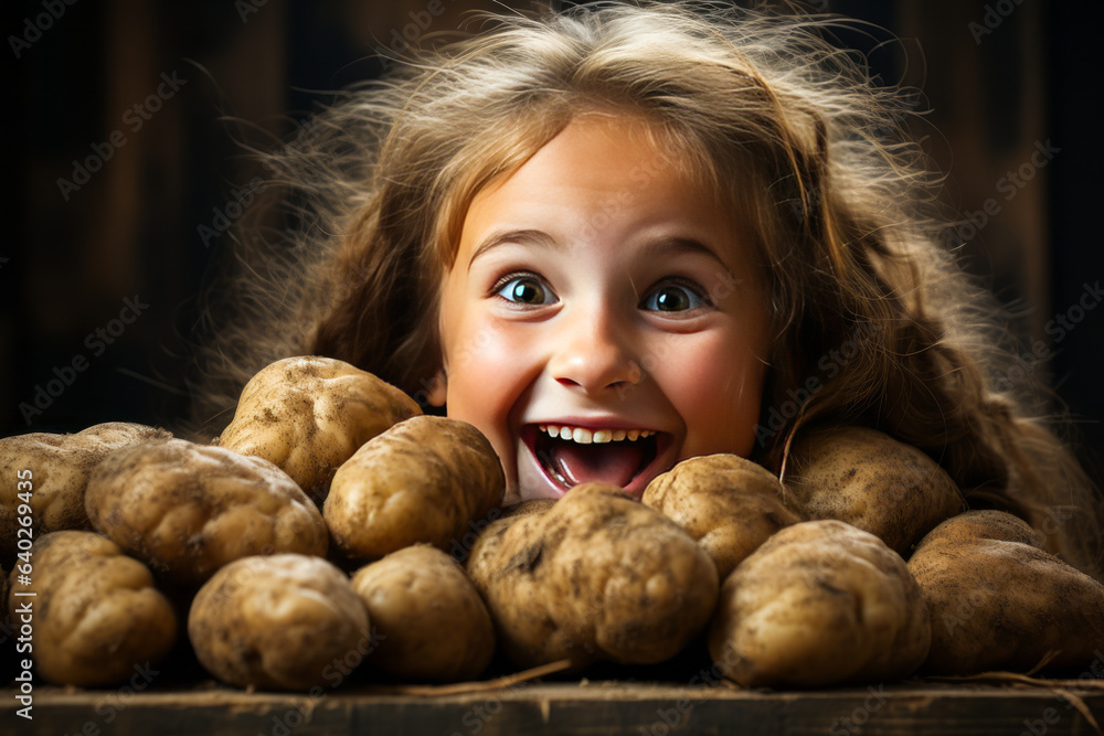 Charming scene of a delighted little girl enjoying her favourite vegetable, potatoes - a universally