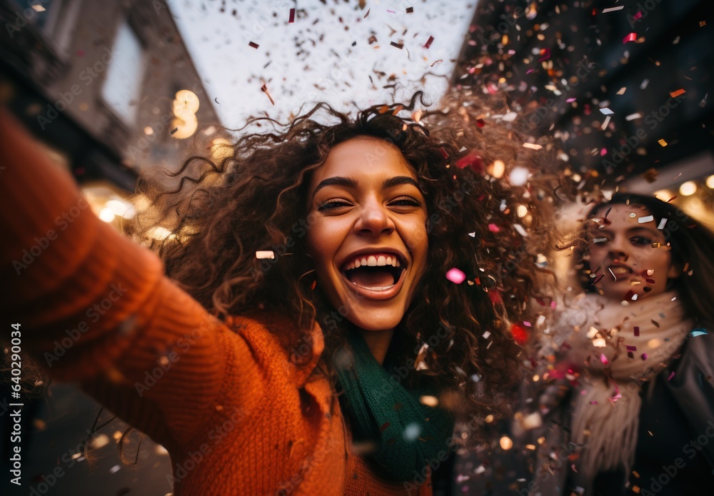 Young women blowing confetti from hands. Friends celebrating outdoors in evening at a terrace.