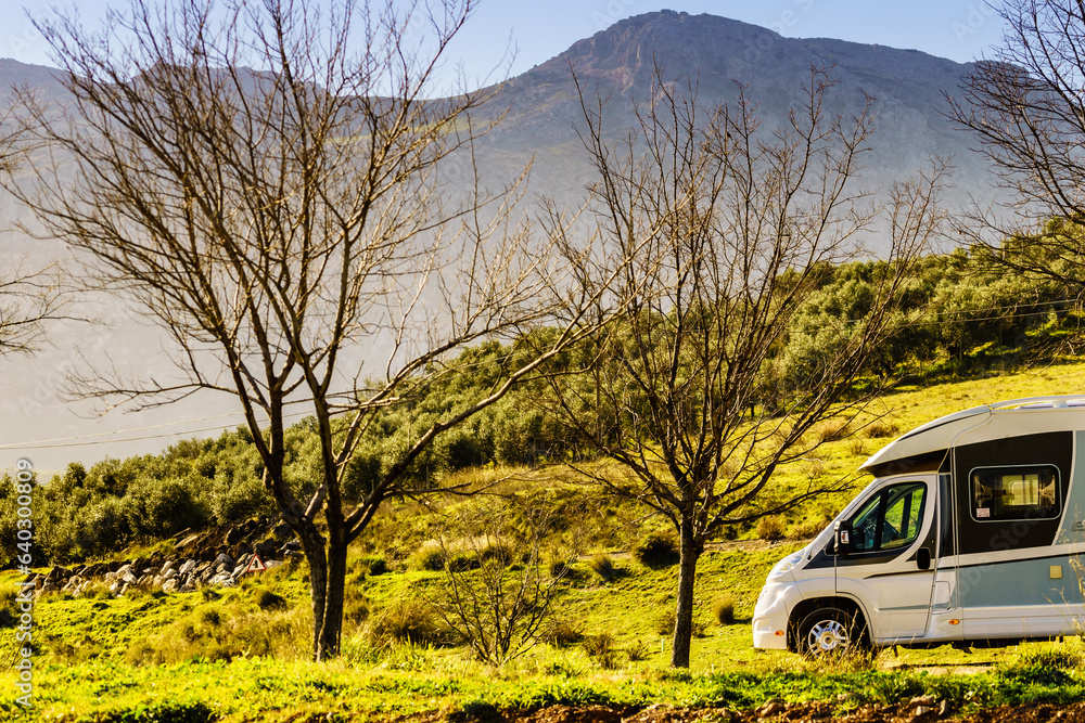 Rv camper camping on nature, Spain.