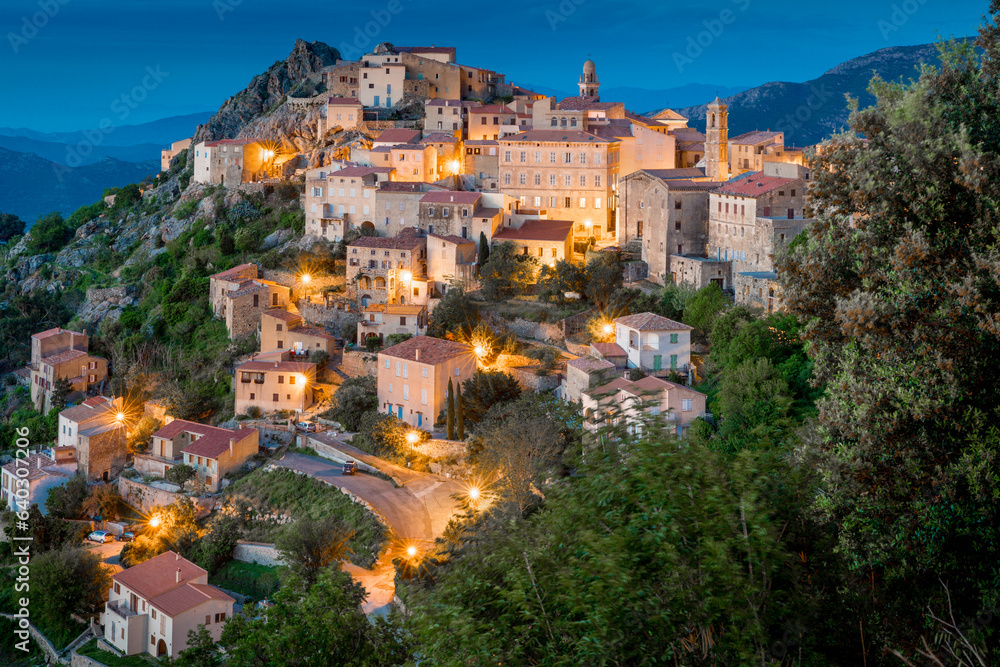 Ancient mountain village of Speloncato in evening lights in the Balagne region of Corsica island, Fr