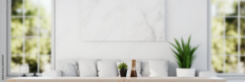 White tabletop in a modern white living room.