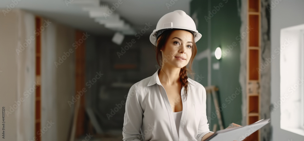 Designer women inspecting construction site in new home, checks supervision design project concept.