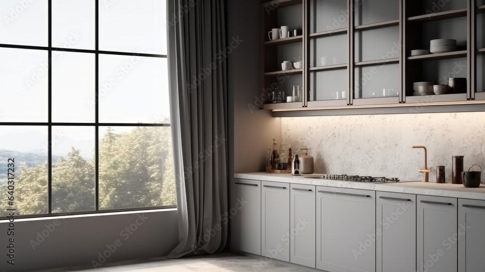 Luxury Kitchen, Kitchen corner with gray cabinets and window.