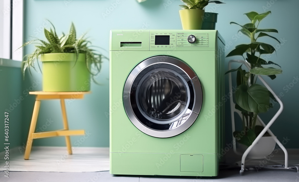 Laundry room with washing machine and laundry basket.