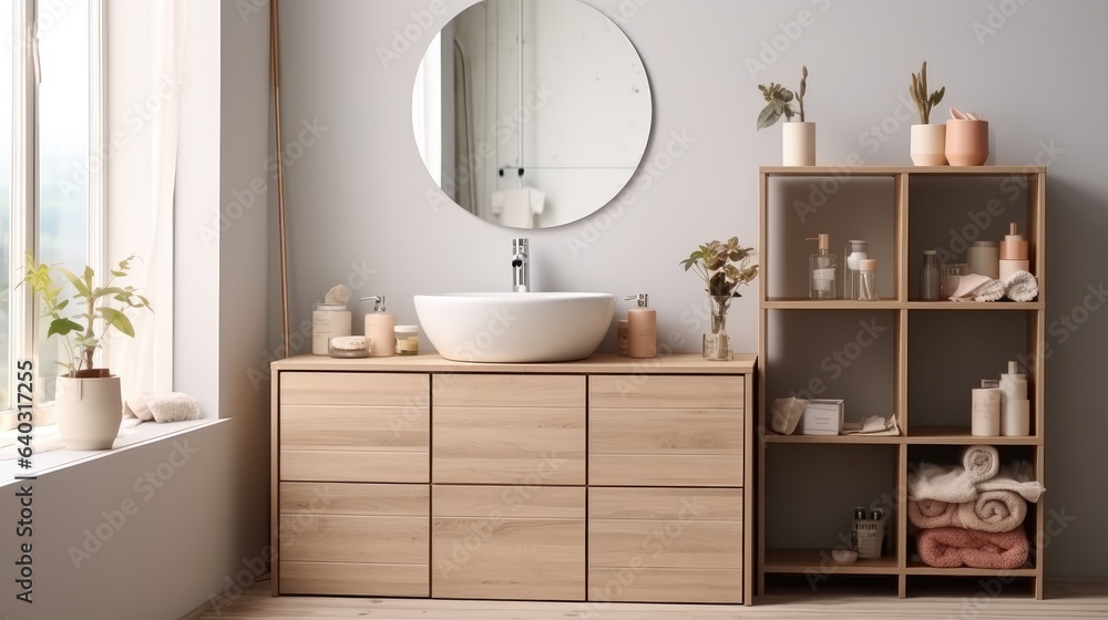 Comfortable and tidy toilet toiletries, sink, mirror and table, Interior of bathroom in modern house