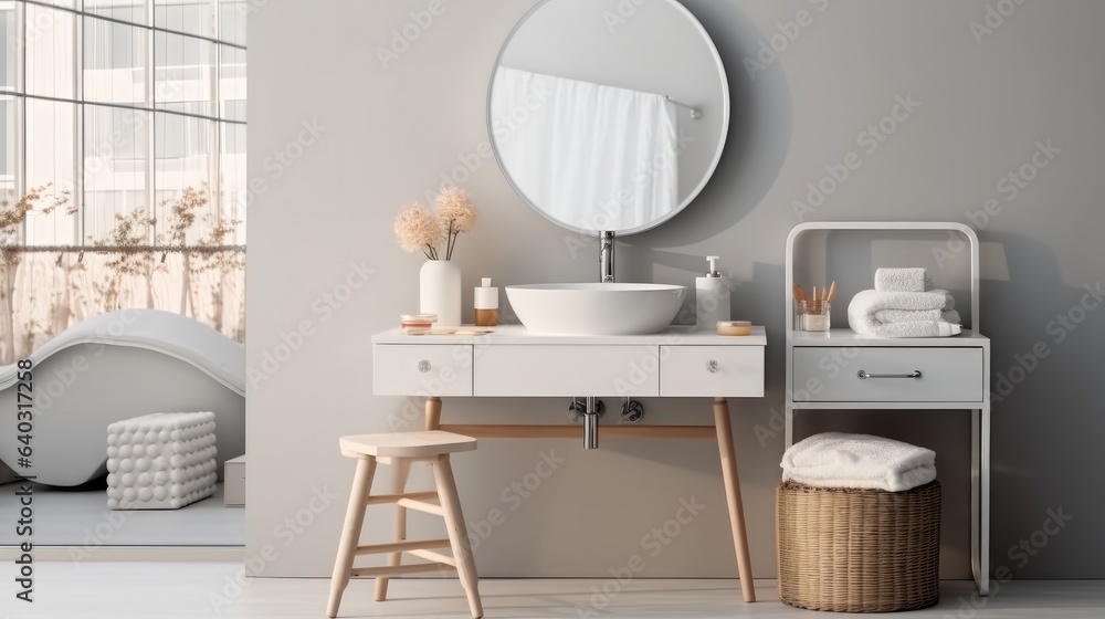 Interiors of a bathroom, Bathroom with sink bowl on wooden cabinet and shelving unit.