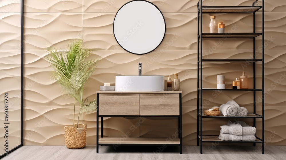 Bathroom and wash basin with shelving unit, Modern bathroom.