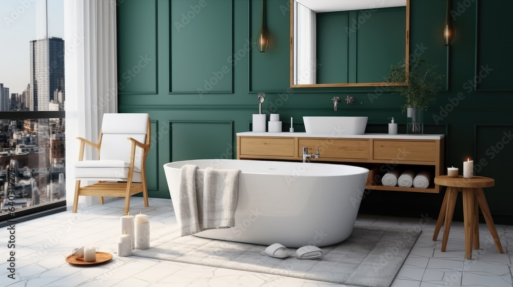 Modern Bathroom with White Bathtub and Sink.