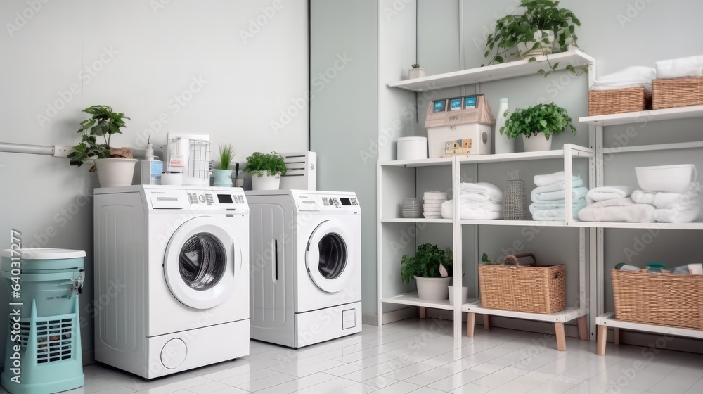 Washing machine and laundry basket in laundry room at home.