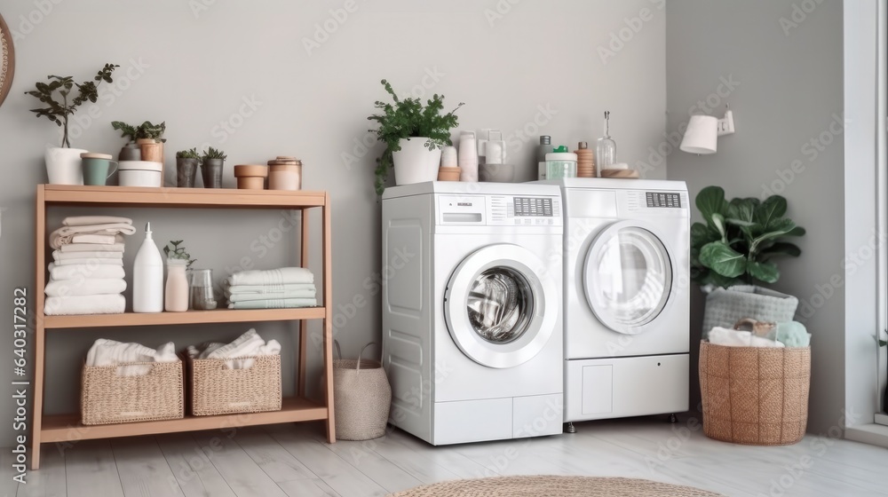 Laundry room with washing machine and laundry basket.