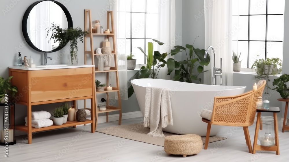 Modern bathroom interior, Restroom with ceramic toilet bowl with bathtubs and vanities.