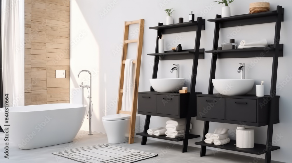 Bathroom and wash basin with shelving unit, Modern bathroom.