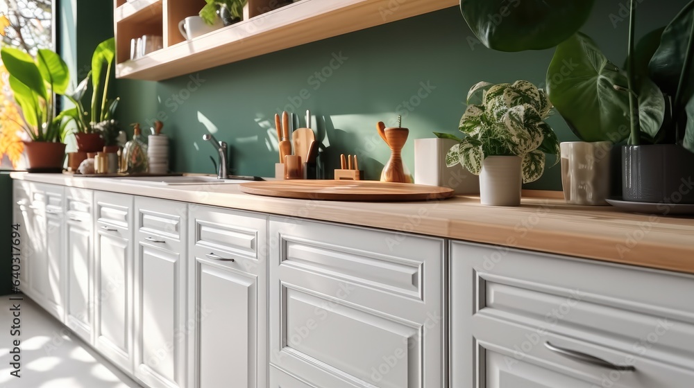 Kitchen corner with bright cabinets and plant and utensils in modern house.